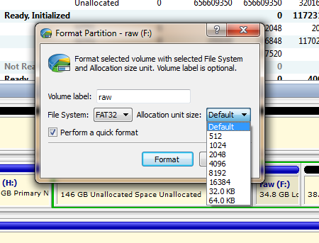 Formatting a logical drive or a partition (FAT16, FAT32, NTFS)